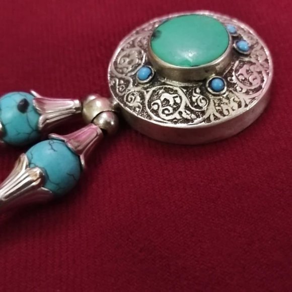 Antique Tribal Turquoise gemstone Necklace with beaded dori, Afghan Pendant - Picture 4 of 5